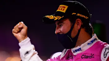 BAHRAIN, BAHRAIN - DECEMBER 06: Race winner Sergio Perez of Mexico and Racing Point celebrates his