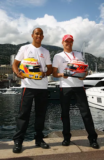 MONTE CARLO, MONACO - MAY 21:  Mclaren Mercedes drivers Lewis Hamilton (L) of Great Britain and