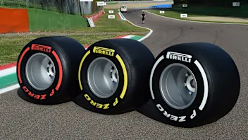 (LtoR) Soft, medium and hard F1 Pirelli tyres are presented at the Autodromo Internazionale Enzo e