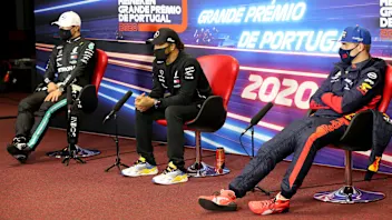 The post race FIA Press Conference (L to R): Valtteri Bottas (FIN) Mercedes AMG F1, second; Lewis
