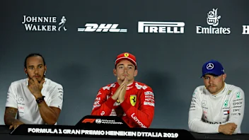 Qualifying top three in the FIA Press Conference (L to R): Lewis Hamilton (GBR) Mercedes AMG F1,