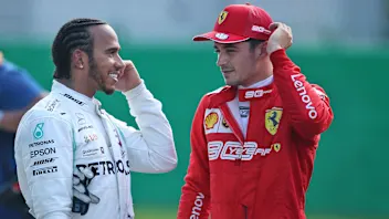 (L to R): Lewis Hamilton (GBR) Mercedes AMG F1 in qualifying parc ferme with Charles Leclerc (MON)