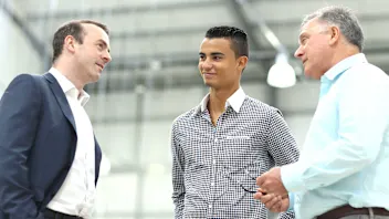 Stephen Fitzpatrick, Pascal Wehrlein & Dave Ryan at Manor Racing 10 Feb 2016.jpg