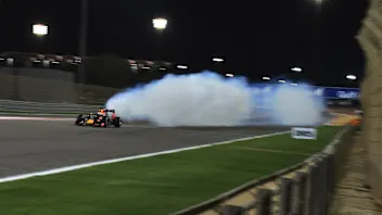 Daniel Ricciardo (AUS) Red Bull Racing RB11 suffers a blown engine at the finish line at Formula