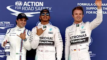 (L to R): Felipe Massa (BRA) Williams, Pole sitter Lewis Hamilton (GBR) Mercedes AMG F1 and Nico