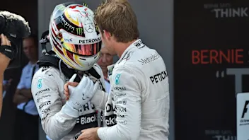 Race winner Nico Rosberg (GER) Mercedes AMG F1 celebrates in parc ferme with Lewis Hamilton (GBR)