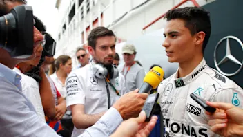 Pascal Wehrlein (GER) Mercedes Test and Reserve Driver talks with the media at Formula One Testing,
