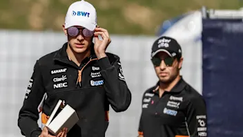 Esteban Ocon (FRA) Force India F1 and Sergio Perez (MEX) Force India at Formula One World