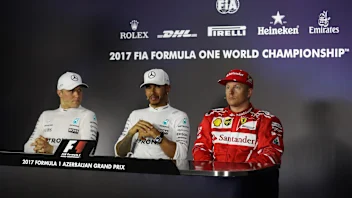 Valtteri Bottas (FIN) Mercedes AMG F1, Lewis Hamilton (GBR) Mercedes AMG F1 and Kimi Raikkonen