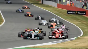 Lewis Hamilton (GBR) Mercedes-Benz F1 W08 Hybrid leads at the start of the race at Formula One
