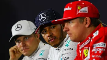 Valtteri Bottas (FIN) Mercedes AMG F1, Lewis Hamilton (GBR) Mercedes AMG F1 and Kimi Raikkonen
