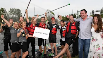 McLaren and Eric Boullier (FRA) McLaren Racing Director celebrate at the raft race at Formula One