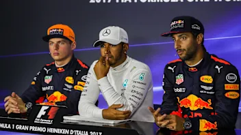 Max Verstappen (NED) Red Bull Racing, Daniel Ricciardo (AUS) Red Bull Racing and pole sitter Lewis