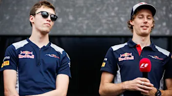 Daniil Kvyat (RUS) Scuderia Toro Rosso aqnd Brendon Hartley (NZL) Scuderia Toro Rosso at Formula