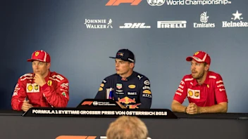 (L to R): Kimi Raikkonen (FIN) Ferrari, Max Verstappen (NED) Red Bull Racing and Sebastian Vettel