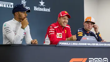 (L to R): Lewis Hamilton, Mercedes AMG F1, Sebastian Vettel, Ferrari and Max Verstappen, Red Bull