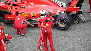 Pole sitter Sebastian Vettel (GER) Ferrari celebrates in parc ferme at Formula One World