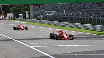 Kimi Raikkonen, Ferrari SF71H and Sebastian Vettel, Ferrari SF71H arrive in parc ferme at Formula