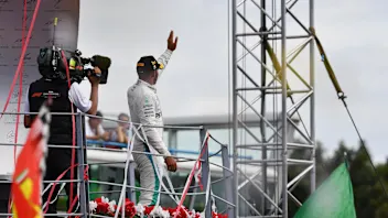 Race winner Lewis Hamilton, Mercedes AMG F1 celebrates on the podium at Formula One World