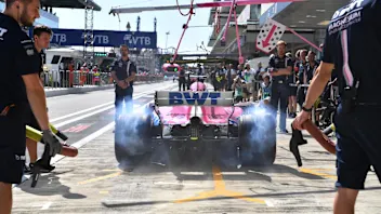 Sergio Perez, Racing Point Force India VJM11 leaves his pit box at Formula One World Championship,