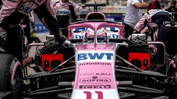 Sergio Perez, Racing Point Force India VJM11 on the grid with his mechanics at Formula One World