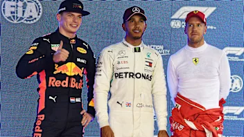 (L to R): Max Verstappen, Red Bull Racing, Lewis Hamilton, Mercedes AMG F1 and Sebastian Vettel,