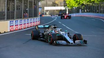 BAKU CITY CIRCUIT, AZERBAIJAN - APRIL 28: Lewis Hamilton, Mercedes AMG F1 W10, leads Sebastian