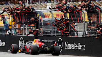 HOCKENHEIMRING, GERMANY - JULY 28: Red Bull mechanics celebrate on the pit wall for Race winner Max