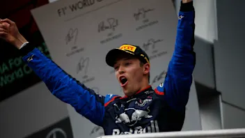 HOCKENHEIMRING, GERMANY - JULY 28: Daniil Kvyat, Toro Rosso, 3rd position, celebrates on the podium