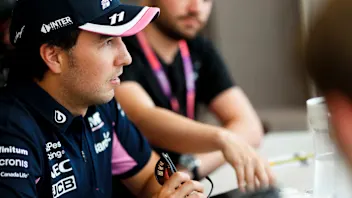 HOCKENHEIMRING, GERMANY - JULY 25: Sergio Perez, Racing Point talks to the media during the German