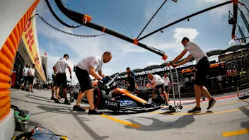 HUNGARORING, HUNGARY - AUGUST 03: Lando Norris, McLaren MCL34, in the pits during Qualifying during