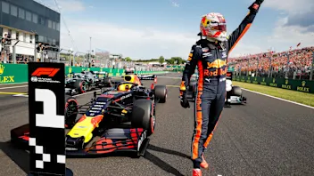 HUNGARORING, HUNGARY - AUGUST 03: Max Verstappen, Red Bull Racing, celebrates after securing his