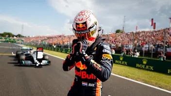 HUNGARORING, HUNGARY - AUGUST 03: Max Verstappen, Red Bull Racing, celebrates after securing his