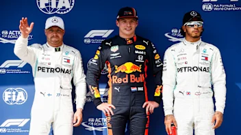 HUNGARORING, HUNGARY - AUGUST 03: Top three Qualifiers Valtteri Bottas, Mercedes AMG F1, pole man