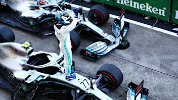 SUZUKA, JAPAN - OCTOBER 13: Race winner Valtteri Bottas of Finland and Mercedes GP celebrates in
