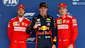 MEXICO CITY, MEXICO - OCTOBER 26: Top three qualifiers Max Verstappen of Netherlands and Red Bull