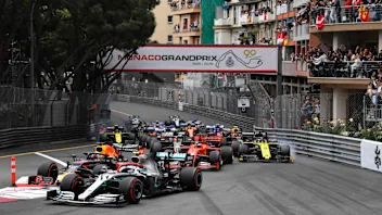 MONTE CARLO, MONACO - MAY 26: Valtteri Bottas, Mercedes AMG W10, leads Max Verstappen, Red Bull