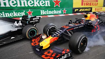 MONTE CARLO, MONACO - MAY 26: Max Verstappen, Red Bull Racing RB15, makes contact with leader Lewis
