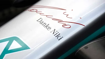 MONTE CARLO, MONACO - MAY 22: Thank You Niki logo on the front of the Mercedes AMG W10 in tribute