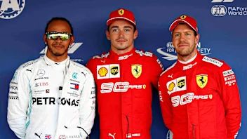 SOCHI, RUSSIA - SEPTEMBER 28: Top three qualifiers Charles Leclerc of Monaco and Ferrari,Lewis