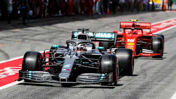 CIRCUIT DE BARCELONA-CATALUNYA, SPAIN - MAY 11: Lewis Hamilton, Mercedes AMG F1 W10, leads Charles