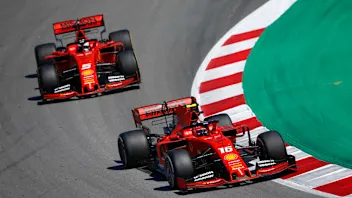 CIRCUIT DE BARCELONA-CATALUNYA, SPAIN - MAY 12: Charles Leclerc, Ferrari SF90, leads Sebastian