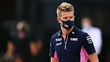NORTHAMPTON, ENGLAND - AUGUST 06: Nico Hulkenberg of Germany and Racing Point talks to the media in