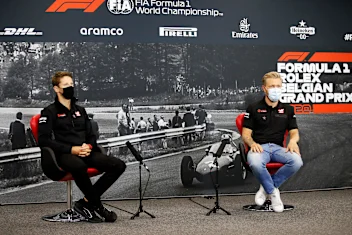 SPA, BELGIUM - AUGUST 27: Romain Grosjean of France and Haas F1 and Kevin Magnussen of Denmark and