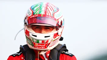 IMOLA, ITALY - OCTOBER 31: Charles Leclerc of Monaco and Ferrari looks on in parc ferme after