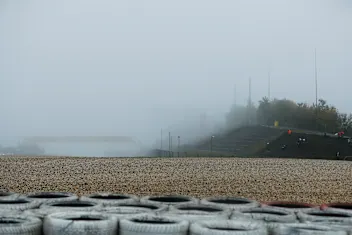 NUERBURG, GERMANY - OCTOBER 09: Fog is pictured over the circuit during practice ahead of the F1