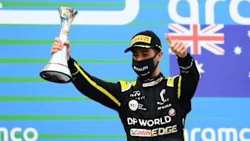 NUERBURG, GERMANY - OCTOBER 11: Third placed Daniel Ricciardo of Australia and Renault Sport F1