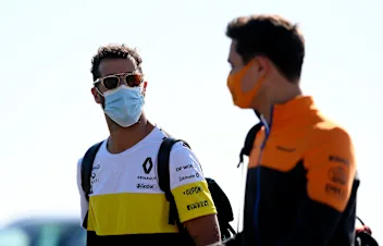 NORTHAMPTON, ENGLAND - JULY 31: Daniel Ricciardo of Australia and Renault Sport F1 and Lando Norris