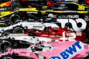 NORTHAMPTON, ENGLAND - AUGUST 02: A view of cars parked in parc ferme after the F1 Grand Prix of