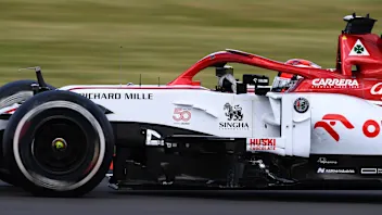 NORTHAMPTON, ENGLAND - AUGUST 02: Kimi Raikkonen of Finland driving the (7) Alfa Romeo Racing C39